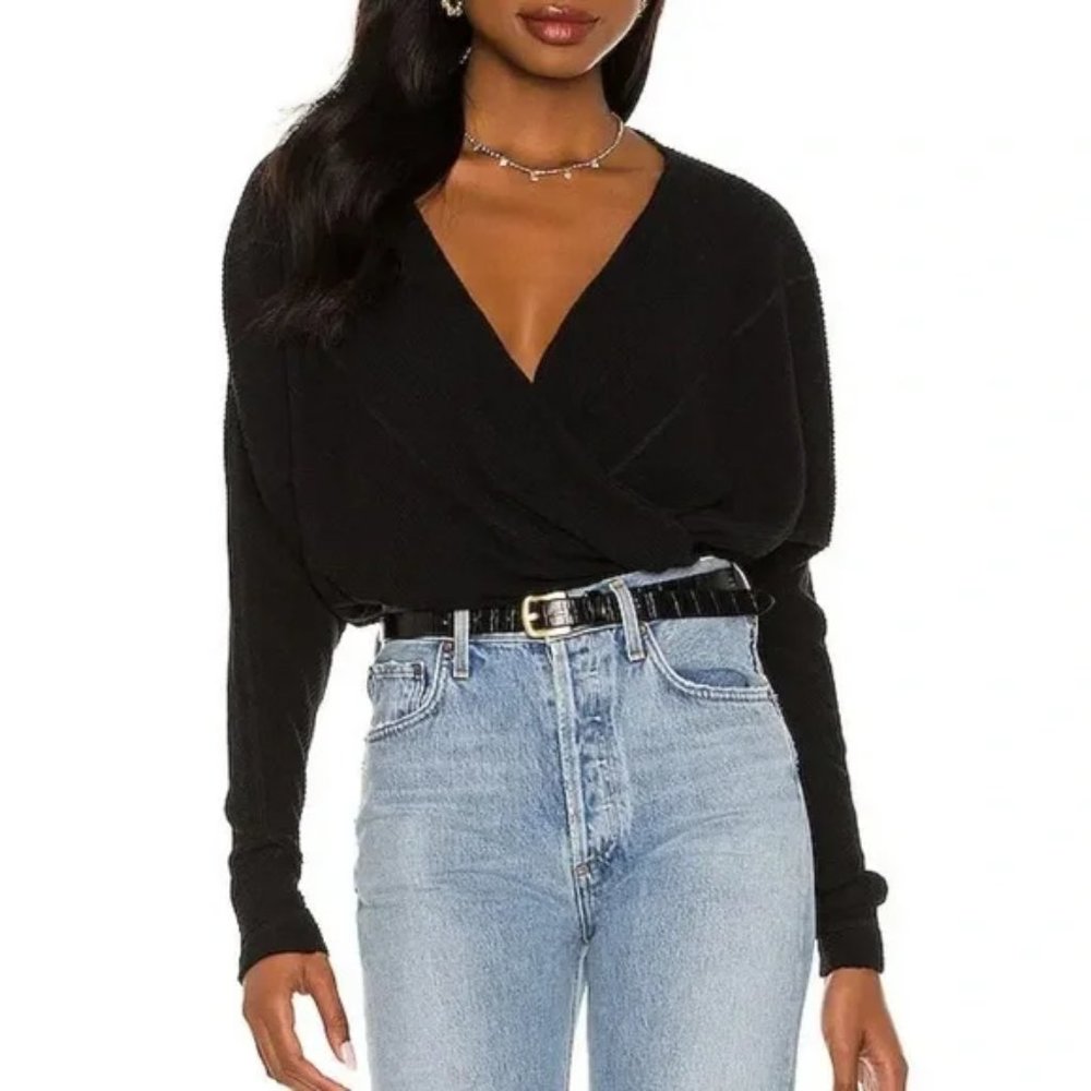 New Free People Cozy with You surplice wrap crossover knit ribbed boxy sweater - Picture 7 of 14
